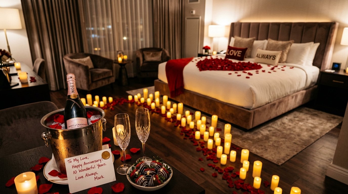 Decoração romântica pré-montada com caminho de velas, pétalas na cama e morangos com chocolate