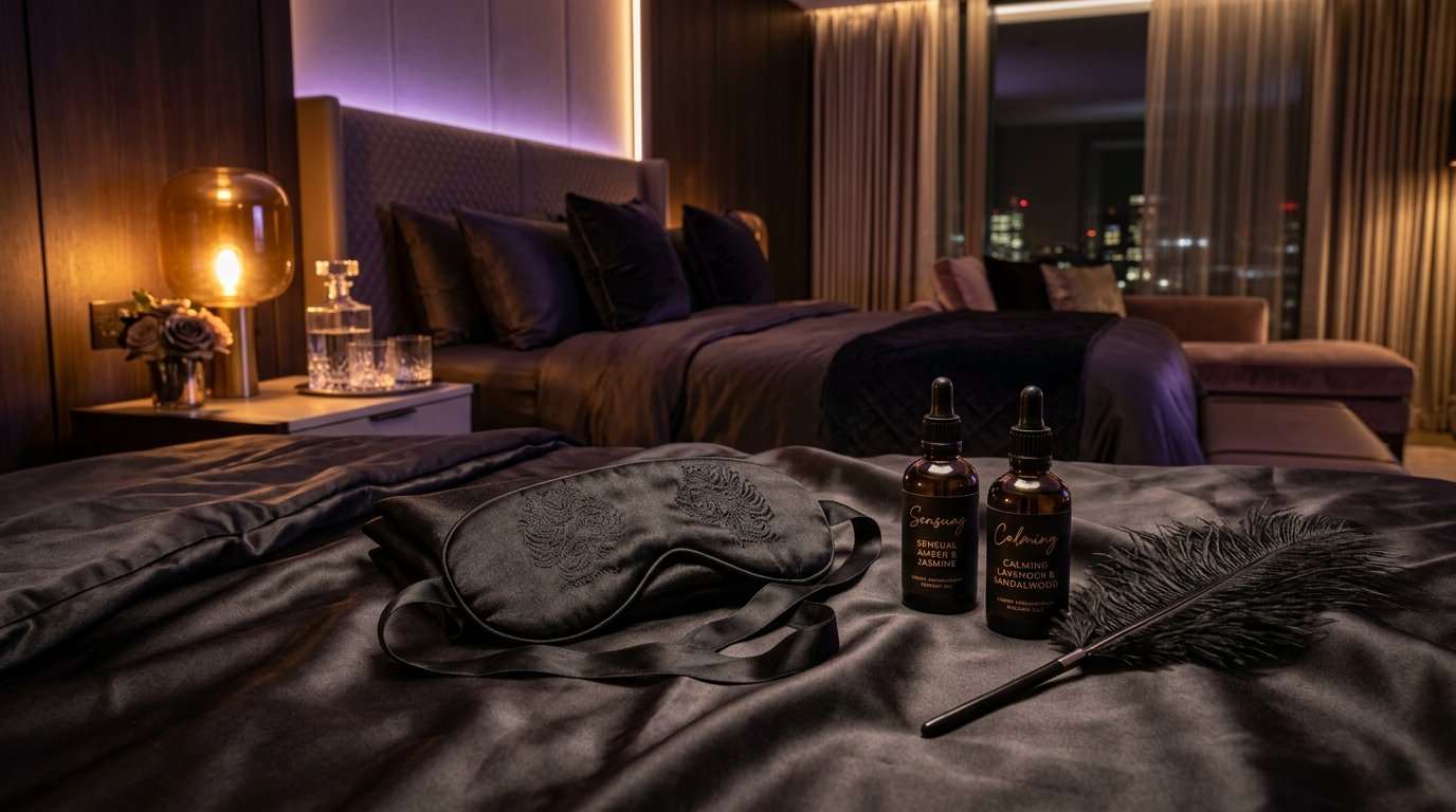 Venda de cetim preta, óleos corporais e pluma suave sobre cama luxuosa