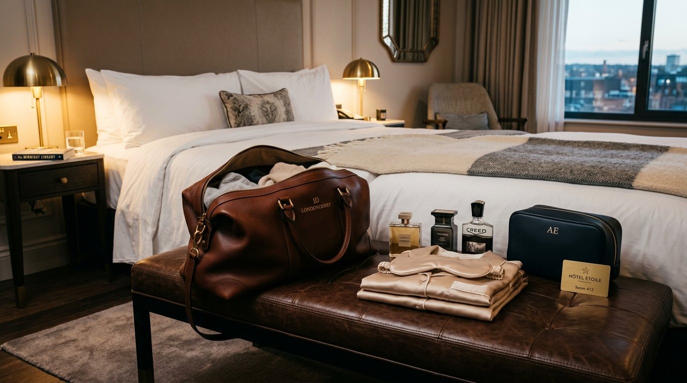 Mala de viagem elegante e nécessaire prontas sobre a cama de hotel luxuosa