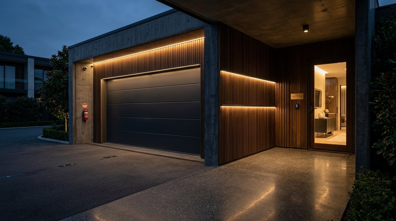 Garagem privativa fechada com portão automático e iluminação moderna garantindo discrição absoluta