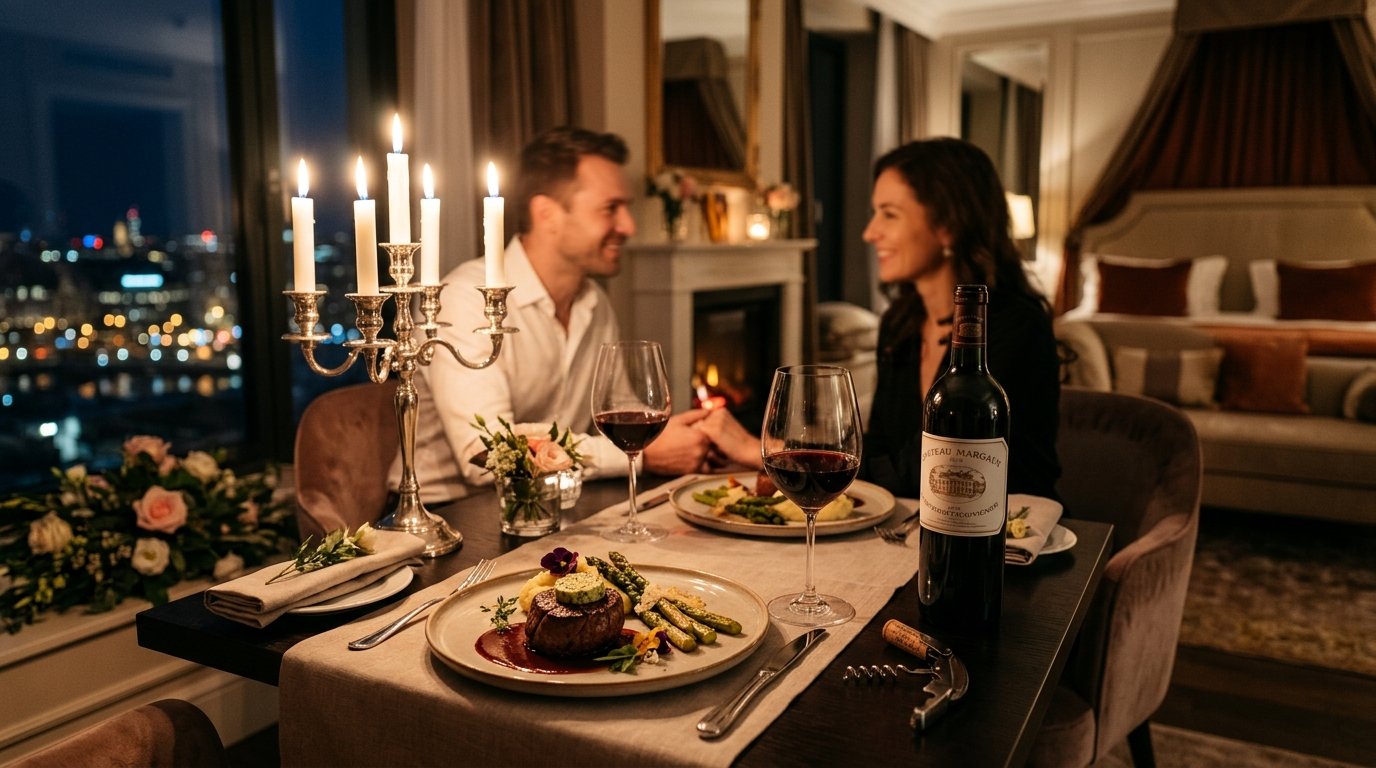 Casal desfrutando de um jantar romântico sofisticado à luz de velas na suíte