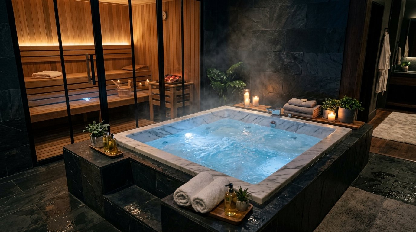 Suíte com hidromassagem moderna iluminada e sauna privativa com acabamento de luxo